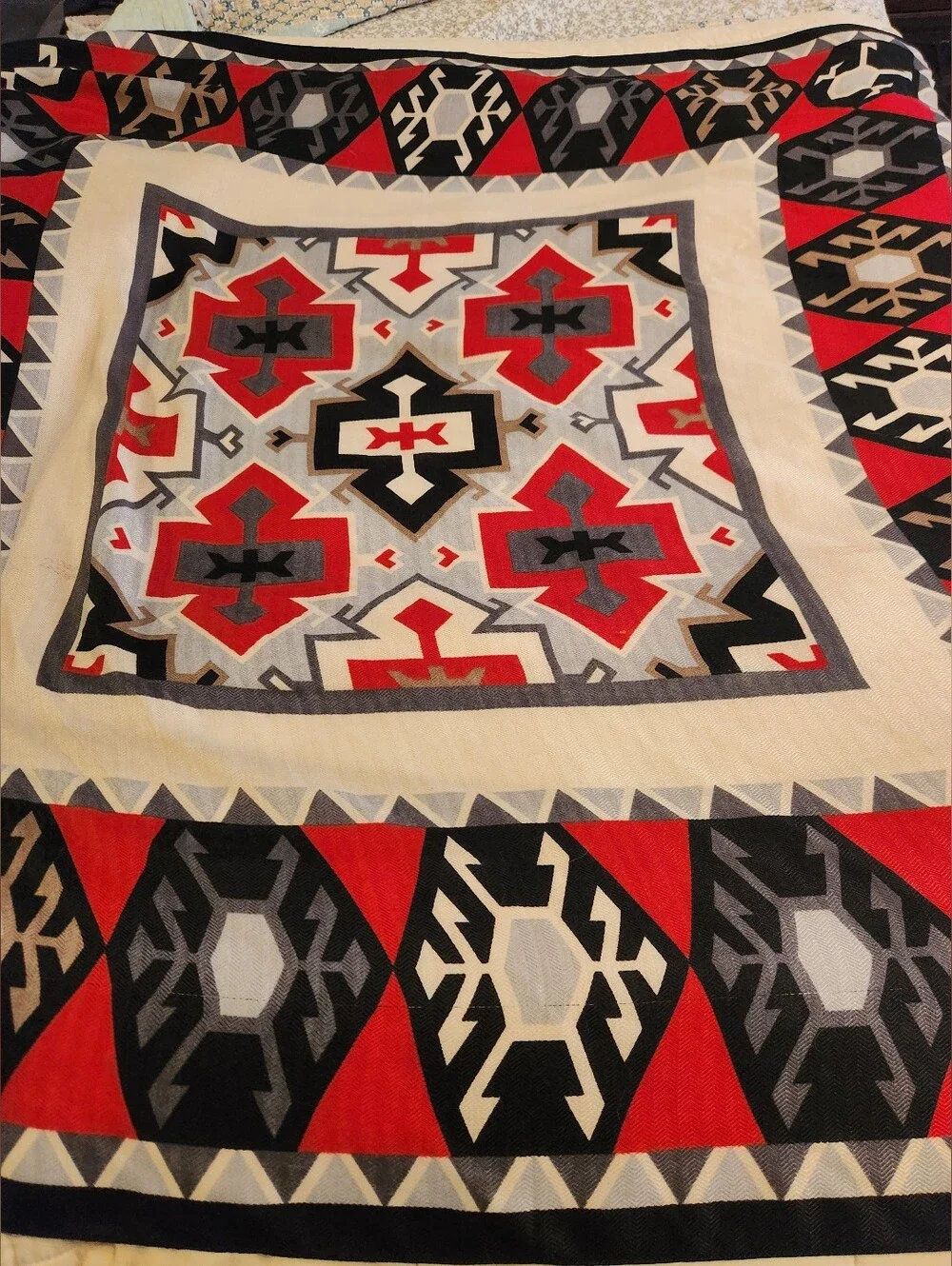 Vintage Southwestern Print Scarf, Red, Black White, Aztec 46 Inch Square EUC